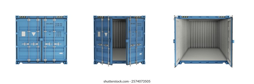 Front views of cargo container with open, half-open, and closed doors. Without shadow. Blue sea container for storage, transportation goods. Isolated on a white background. 3D illustration