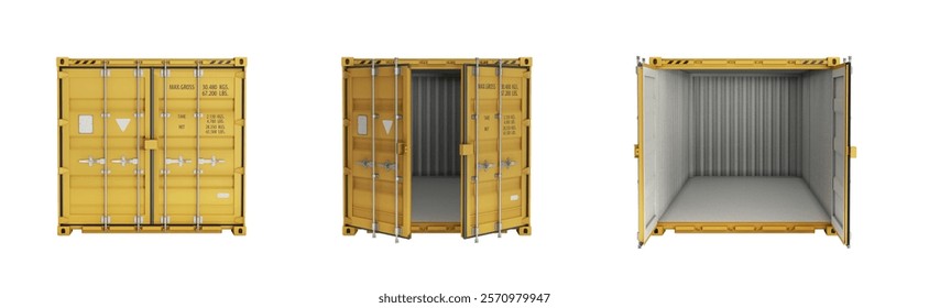 Front views of shipping container with open, closed doors. Without shadow. Yellow cargo container for storage, transportation goods. Isolated on a white background. 3D illustration