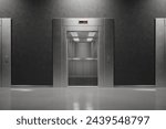 Frontal perspective of sophisticated, closed elevator doors within a modern, minimalist building interior, highlighted by subtle ambient lighting.