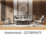 Frontal view of a designer interior with a gray sofa and two armchairs with a wooden wall and a stylized circle at the back. 3d rendering.