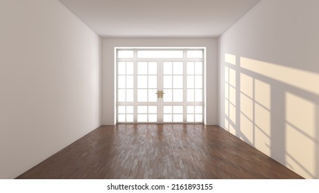 Frontal View of the Empty Sunny Interior Concept. White Room with Large Window and a Door with Bronze Handles, Dark Parquet Floor and White Stucco Walls. 3D rendering, 8K Ultra HD, 7680x5121, 300 dpi