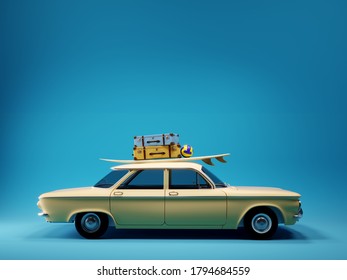 Frontal View Of The Old Timer Car With Surfboard And Suitcases On Top In Front Of The Empty Blue Mockup Background Wall, 3D Illustration