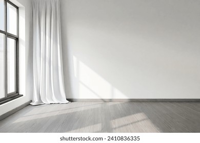 frontal wall view of empty modern apartment interior with floor-to-ceiling; bright sunlightl; 3D rendering