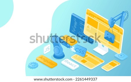 Frontend Development. Creating a site layout, template. Converting data into a graphical UI UX interface. Web development, design, graphic, usability. Isometric raster illustration for website.