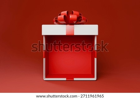 Front-facing view of an open white empty gift box with a prominent red  bow sitting on top, set against a monochromatic red background.
