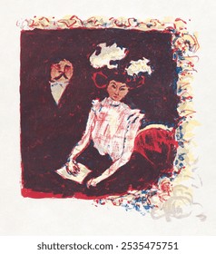 Frontispiece for Color Lithography by Andre Mellerio (1898) print by Pierre Bonnard. Vintage man and woman portrait. Vintage art drawing illustration, old painting art print of man and woman.