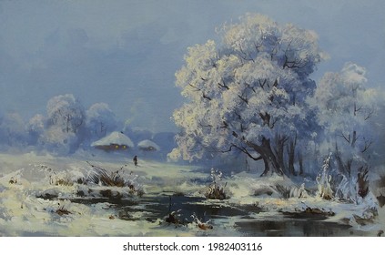 Frosty Trees By A Frozen River Near The Village, Oil Painting, Fine Art, River, Landscape, Winter, Ice, Beautiful, White, Snow, Tree, Nature