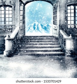 Frozen Background With Ice And Snow Inside A Castle