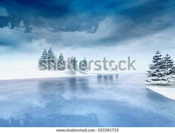 木と曇り空の凍った湖 冬の湖の風景3dイラスト のイラスト素材 503385733