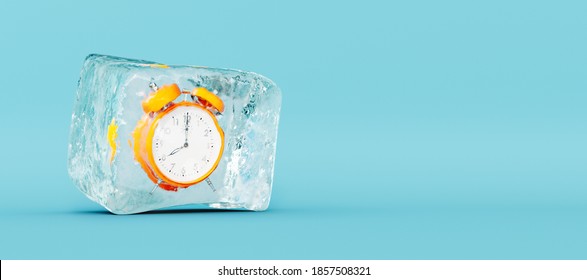 Frozen Orange Clock, Stopping The Time Concept On Blue Background 3D Rendering, 3D Illustration