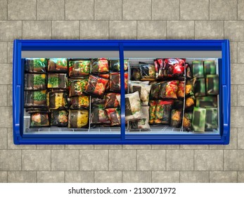 Frozen Vegetables Bags In Freezer Mockup 3D Illustration View From Above Is Suitable For Presenting New Packagings And New Plastic Bags Designs, Among Many Other.