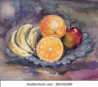 Fruit Bowl, Watercolor Painting 