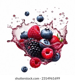 Fruit burst. Splash of juice. Sweet tropical fruits and mixed forest berries with juice splash 3d rendered. Raspberries, blueberries, black berries, floating with juice splash. juice Creative ad. - Powered by Shutterstock