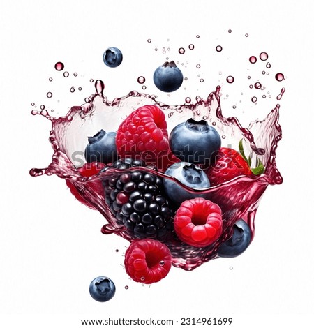 Fruit burst. Splash of juice. Sweet tropical fruits and mixed forest berries with juice splash 3d rendered. Raspberries, blueberries, black berries, floating with juice splash. juice Creative ad. [[stock_photo]] © 