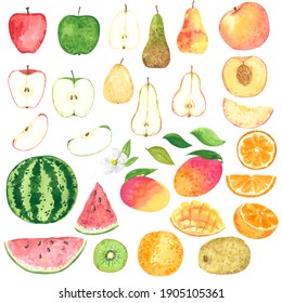 Fruit Clipart Set. Cartoon Style. Hand Drawn Watercolor Illustrations Isolated On White.