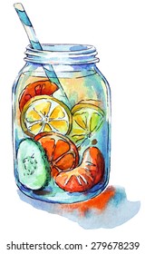 Fruit Drink. Mason Jar. Watercolor. Hand Painted.        