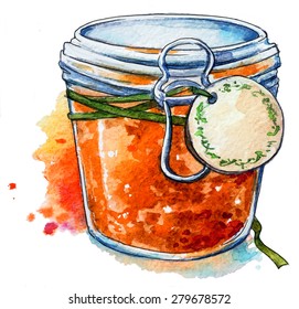 Fruit Jam. Mason Jar. Watercolor. Hand Painted.      