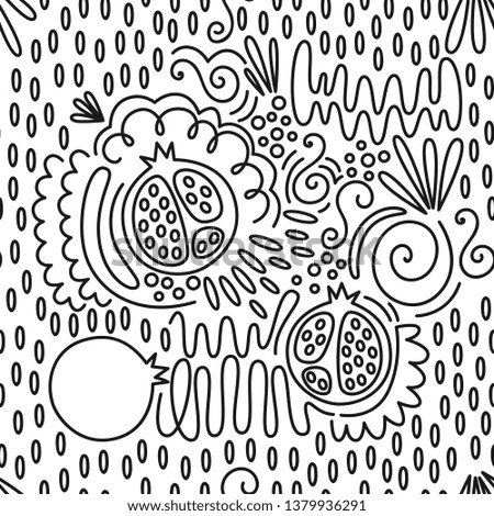 Fruit seamless pattern in Doodle style. Pomegranate. Garnet