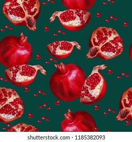 Fruit seamless pattern. Juicy pomegranates on an emerald background. Watercolor painting.