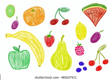Fruit set - crayon drawing simple style child's illustration.