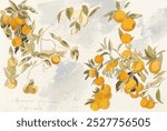 Fruit tree (1863) watercolor by Edward Lear. Vintage Fruit tree with ripe orange watercolor art illustration, Fruit tree watercolor painting.