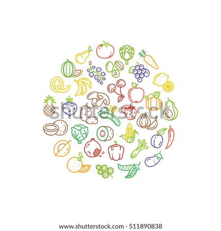 Fruit and vegetable logo with line icons. Fruit food and icon vegetable, organic healthy fruit illustration