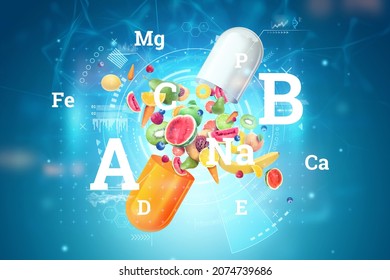 Fruit and vitamins, nutritional supplements in the form of medicinal capsules fly out directly and capsules. Correct diet, diet, alternative medicine, vitamins. 3D illustration, 3D render