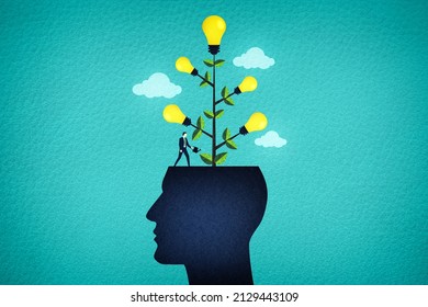Fruitful Ideas - A Brilliant Mind - Ideas and Creativity Concept in a Business Context - Head of Businessman Sprouting Ideas as Light Bulbs