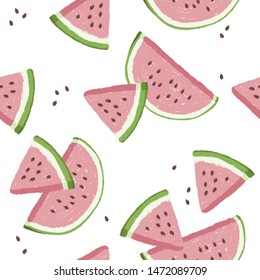 Fruits hand drawn seamless pattern. Artistic drawing food. Summer pattern with watermelon.