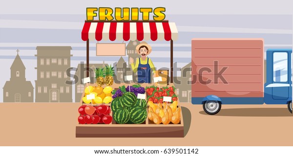 Fruits\
horizontal banner concept city kiosk. Cartoon illustration of\
fruits city kiosk  horizontal banner for\
web