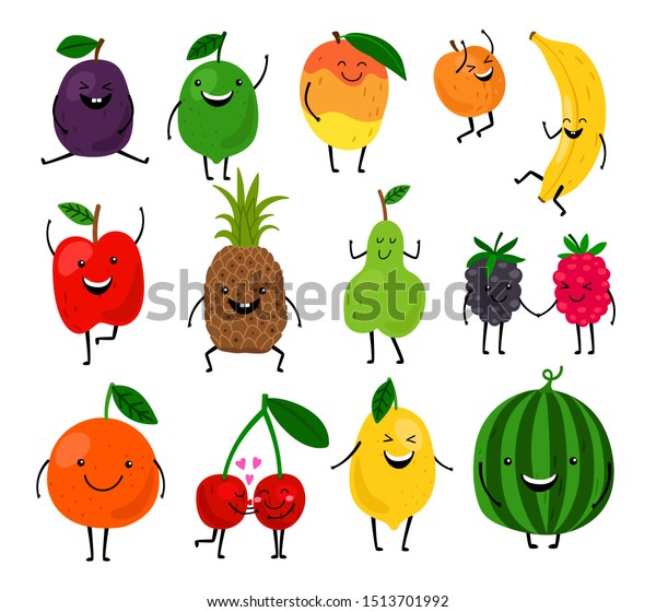 子ども用の果物 白い背景にかわいいフルーツキャラクターイラスト 健康に良いジュースのカワイイ夏の果実 のイラスト素材