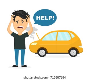 Frustrated Sad Young Man Near A Broken Car Hold Hands Behind His Head. Flat Style Cartoon Character Illustration. Isolated On White Background. Auto Accident, Breaking, Need Car Service Concept