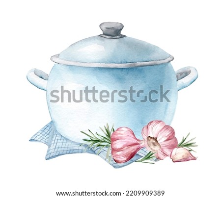 Frying pan with broth and fresh rosemary and garlic. Watercolor hand drawn illustration isolated on white background.