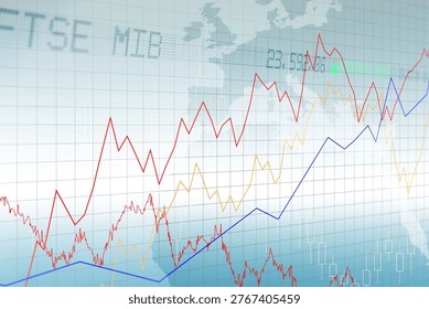 FTSE MIB multi-line chart is appearing in flat interface with colored lines, grid, map silhouette. Financial, analytics, data, visualization, technology, digital, investment