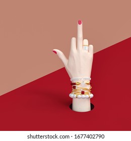 Fuck You Hand Sign. Bad Girl Gesture With Gold Wrist Bracelets And Finger Rings Isolated, Creative Art Protest Banner, Fashion Hipster Accessories, 3d Rendering