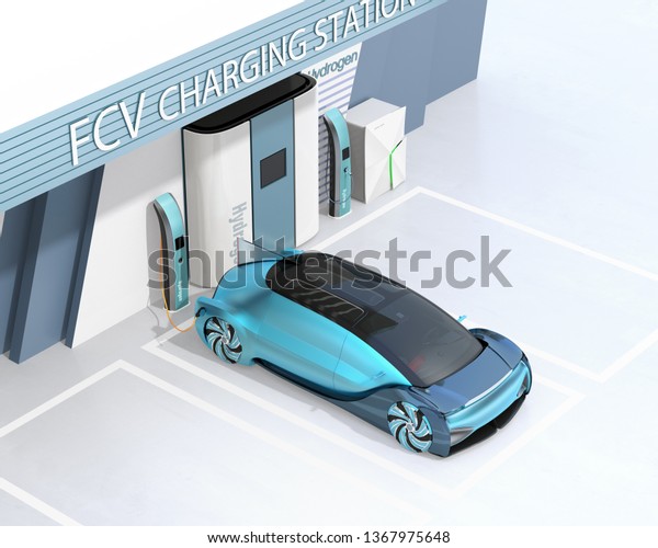 Fuel Cell powered autonomous\
car filling gas in Fuel Cell Hydrogen Station. 3D rendering\
image.