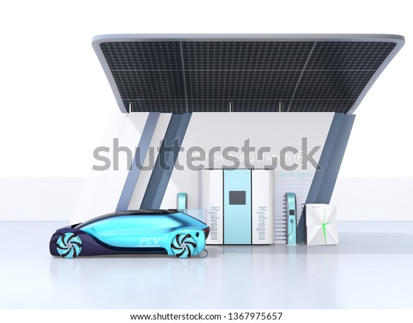 Fuel Cell powered autonomous car filling gas in\
Fuel Cell Hydrogen Station equipped with solar panels. 3D rendering\
image.