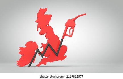 Fuel Crisis In The UK. Petrol Pump Graph Arrow With A Map Of The UK. 3D Rendering