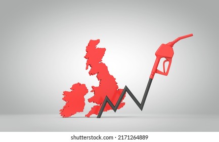 Fuel Crisis In The UK. Petrol Pump Graph Arrow With A Map Of The UK. 3D Rendering