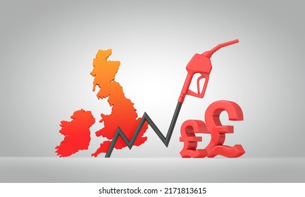 Fuel Crisis In The UK. Petrol Pump Graph Arrow With A Map Of The UK. 3D Rendering