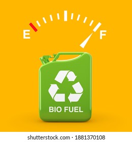Fuel Dashboard Gauge Sign Showing a Full Tank near of Green Metal Jerrican with Bio Fuel Sign on a yellow background. 3d Rendering