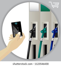 Fuel Dispenser And Fuel Nozzles At A Filling Station To Pump Petrol, Gas, Diesel. Contactless Wireless Credit Card Payment. Petrol Pumps.  