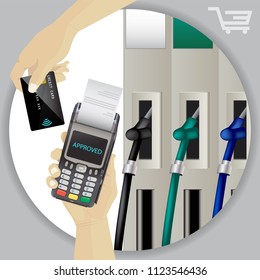 Fuel Dispenser And Fuel Nozzles At A Filling Station To Pump Petrol, Gas, Diesel. Contactless Wireless Credit Card Payment And Pos Terminal. Pay For Fuel Concept. Petrol Pumps.  