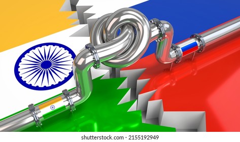 Fuel Gas Pipeline With A Knot, Flags Of India And Russia - 3D Illustration