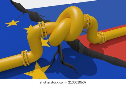 Gazoduc à gaz avec un noeud sur fond de drapeaux de l'Union européenne et de la Russie. Sanctions économiques industrielles de l'UE. L'importation de pétrole provenant du marché mondial du carburant restreint. Illustration 3D