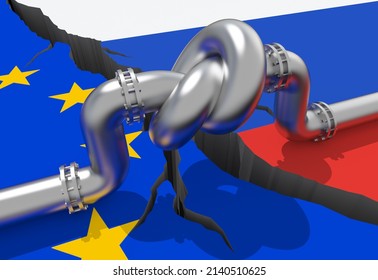Fuel gas pipeline with a knot on background of European Union and Russian flags. EU economic sanctions. Energy embargo. Oil import export from the world fuel trade market restricts. 3d render