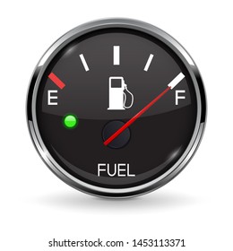 Fuel Gauge. Full Tank. Round Black Car Dashboard 3d Device With Chrome Frame. Illustration Isolated On White Background. Raster Version