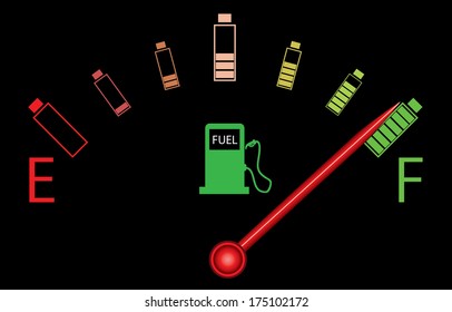 Fuel Gauge Illustration With Fuel Station And Colorful Batteries. Abstract Electric Car Concept.