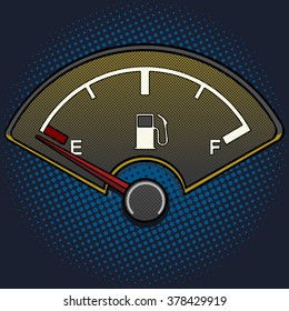 Fuel Gauge Pop Art Style Raster Illustration. Empty Fuel Tank. Comic Book Style Imitation. Vintage Retro Style. Conceptual Illustration