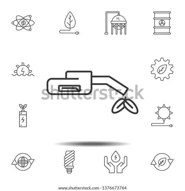 fuel gun with plant icon. Simple thin line,\
outline illustration element of Sustainable Energy icons set for UI\
and UX, website or mobile\
application